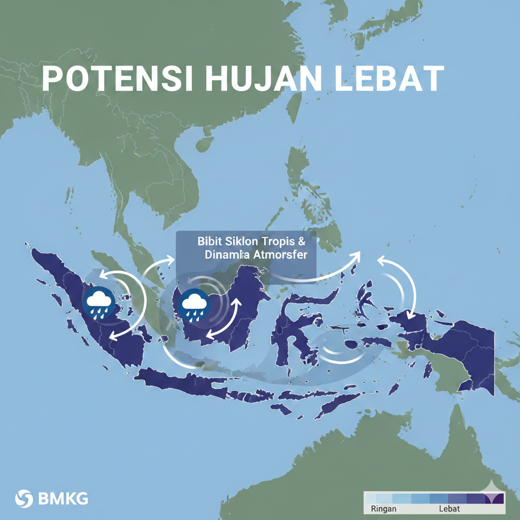 BMKG memperingatkan potensi hujan lebat hingga sangat lebat di sejumlah wilayah Indonesia pada 6 Maret 2026 akibat aktivitas bibit siklon tropis di sekitar perairan Indonesia.
