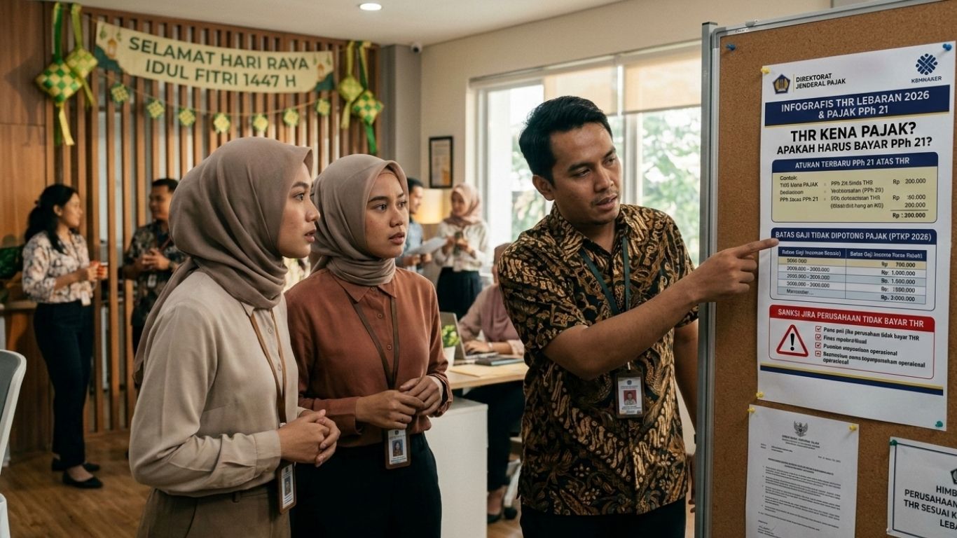THR Lebaran 2026 kena pajak? Ini aturan PPh 21, batas gaji yang tidak dipotong pajak serta sanksi jika perusahaan tidak membayar THR.(Ilustrasi Gemini AI)