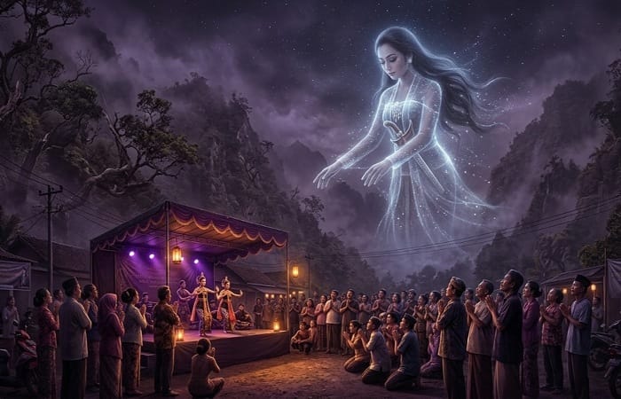 A conceptual, mystical photograph depicting the legend of Roro Kembang Sore being "awakened." The image is split: the bottom half shows modern-day people during a community gathering at night in Tulun