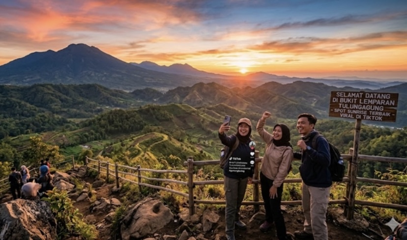 Bukit Lemparan Tulungagung viral di TikTok. Wisata baru di lereng Gunung Budeg ini menawarkan panorama sunrise, sunset, dan perbukitan hijau.