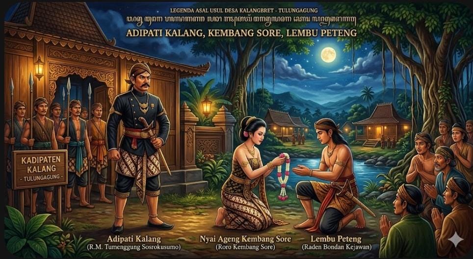 Asal usul Desa Kalangbret Tulungagung terkait legenda Adipati Kalang, Kembang Sore, dan Lembu Peteng yang masih dipercaya warga.