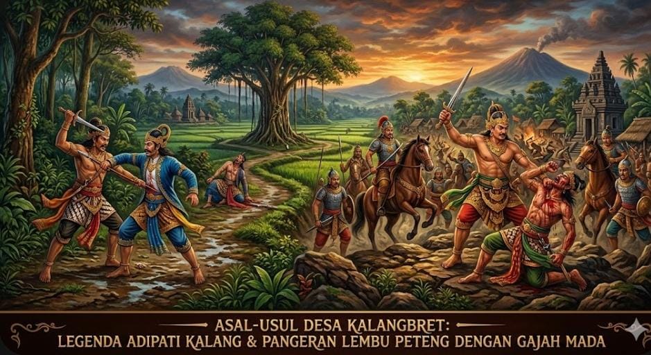 Asal-usul Desa Kalangbret dari legenda Adipati Kalang yang membunuh Pangeran Lembu Peteng hingga akhirnya tewas dihajar Gajah Mada.