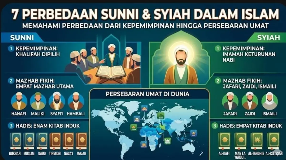 7 perbedaan Sunni dan Syiah dalam Islam mulai dari kepemimpinan, mazhab hingga persebaran umat di dunia.
