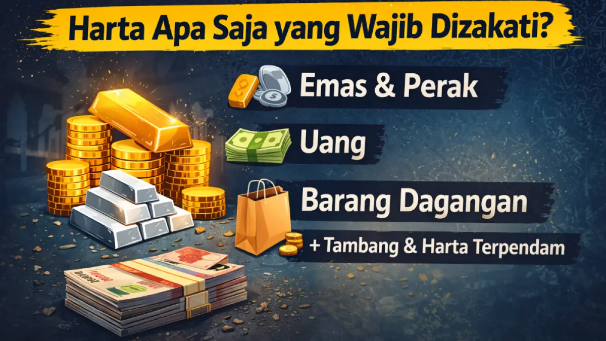 Harta yang wajib dizakati meliputi emas, perak, uang, dan barang dagangan. Simak penjelasan nisab zakat dan ketentuannya.