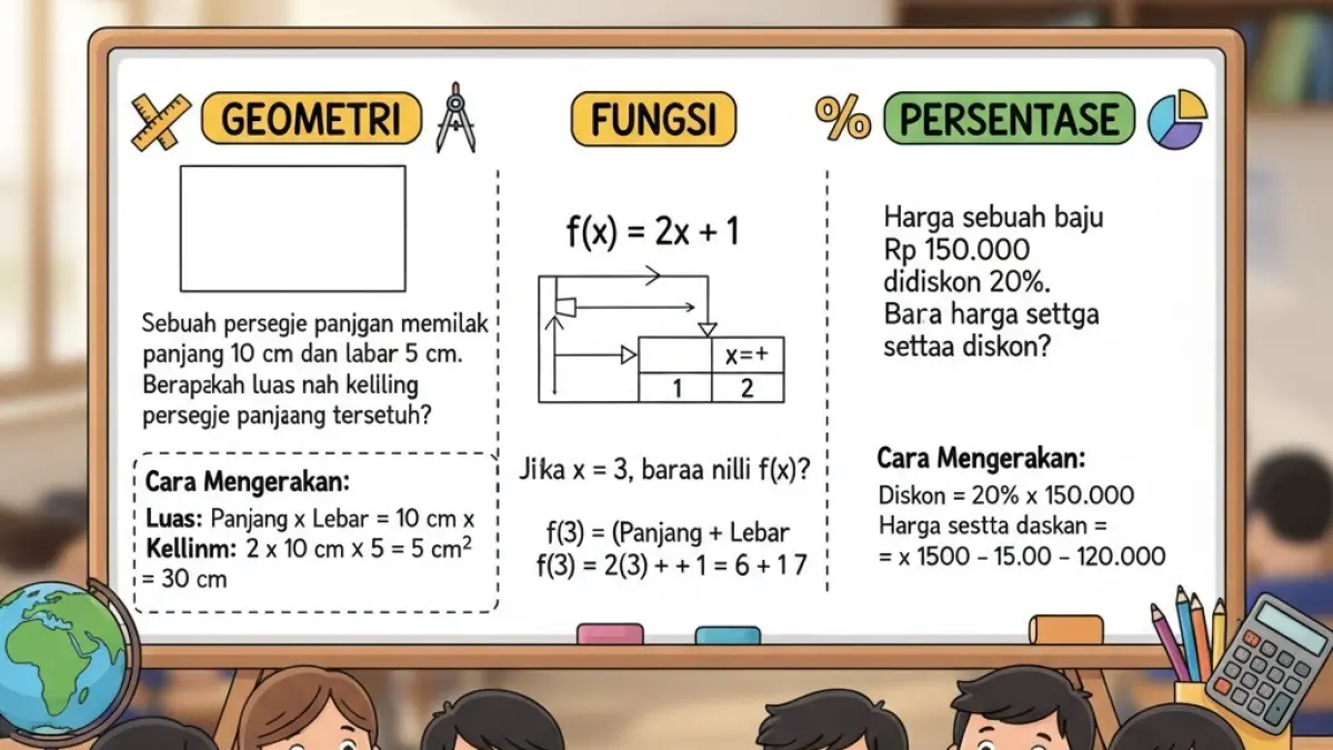 Persiapan TKA SMP makin dekat. Simak contoh soal matematika TKA SMP mulai geometri, fungsi hingga persentase beserta cara mudah mengerjakannya.