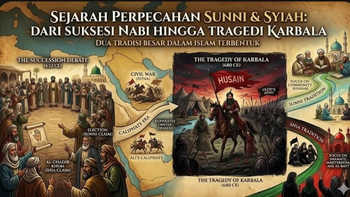 Sejarah perpecahan Sunni dan Syiah bermula dari suksesi Nabi hingga tragedi Karbala yang membentuk dua tradisi besar dalam Islam.
