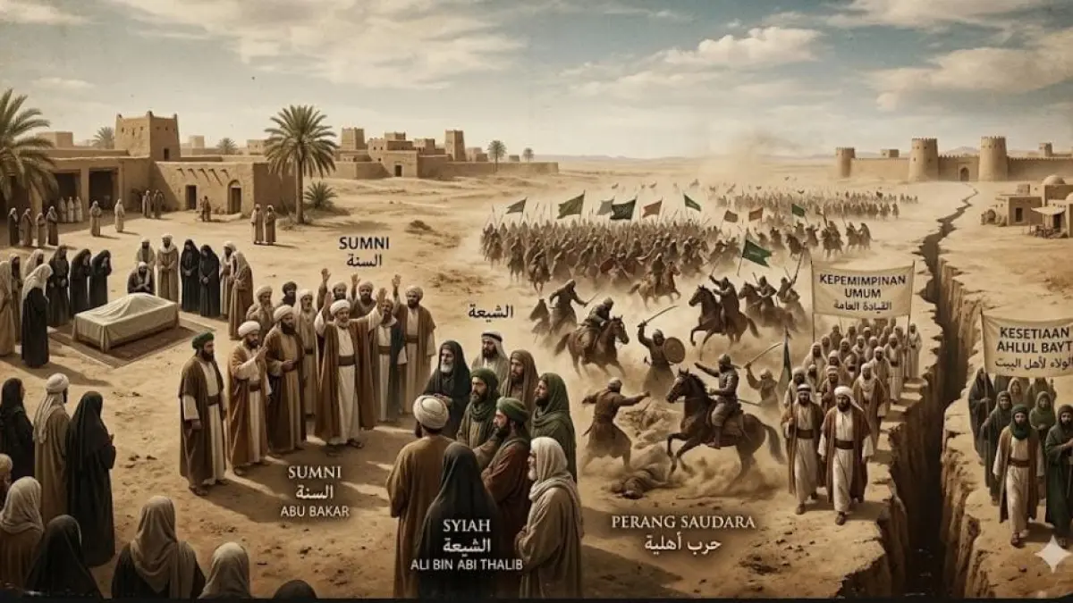 Sejarah perpecahan Sunni dan Syiah bermula dari wafat Nabi Muhammad hingga konflik kepemimpinan yang memicu perang saudara.