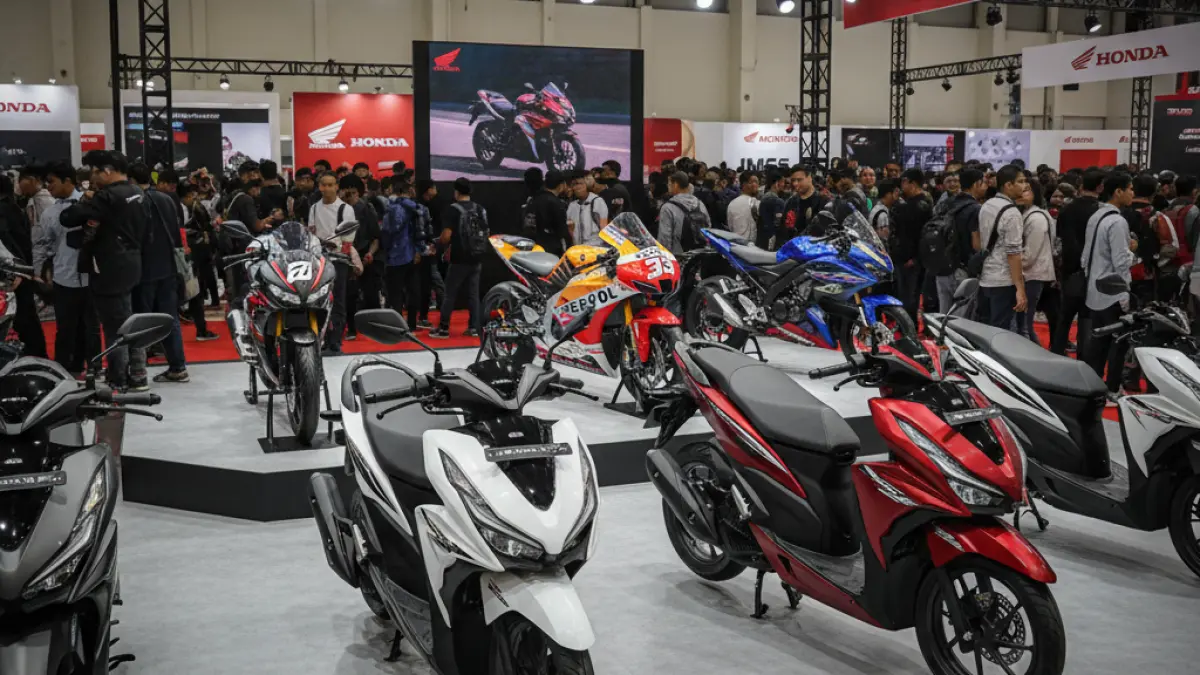 Booth Honda di IMS 2026 dipadati pengunjung yang ingin melihat langsung deretan motor terbaru, dari Vario 125 hingga replika RC213V MotoGP.