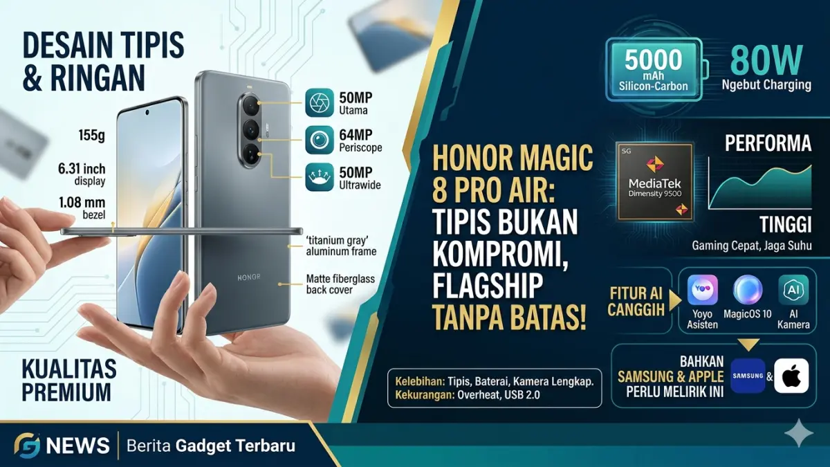 Honor Magic 8 Pro Air hadir sebagai HP tipis spek dewa, kamera lengkap dan baterai besar. (Ilustrasi: Gemini)
