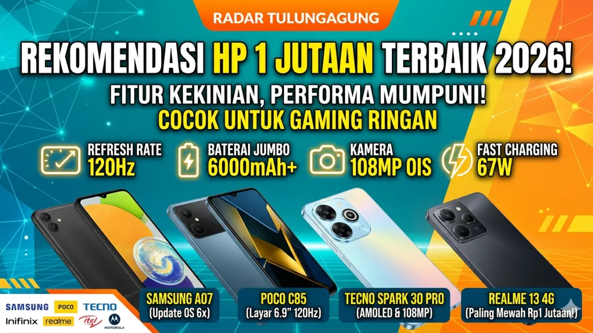Rekomendasi HP 1 jutaan terbaik 2026 dengan spek gahar, baterai jumbo, dan kamera besar. (Ilustrasi: Gemini)