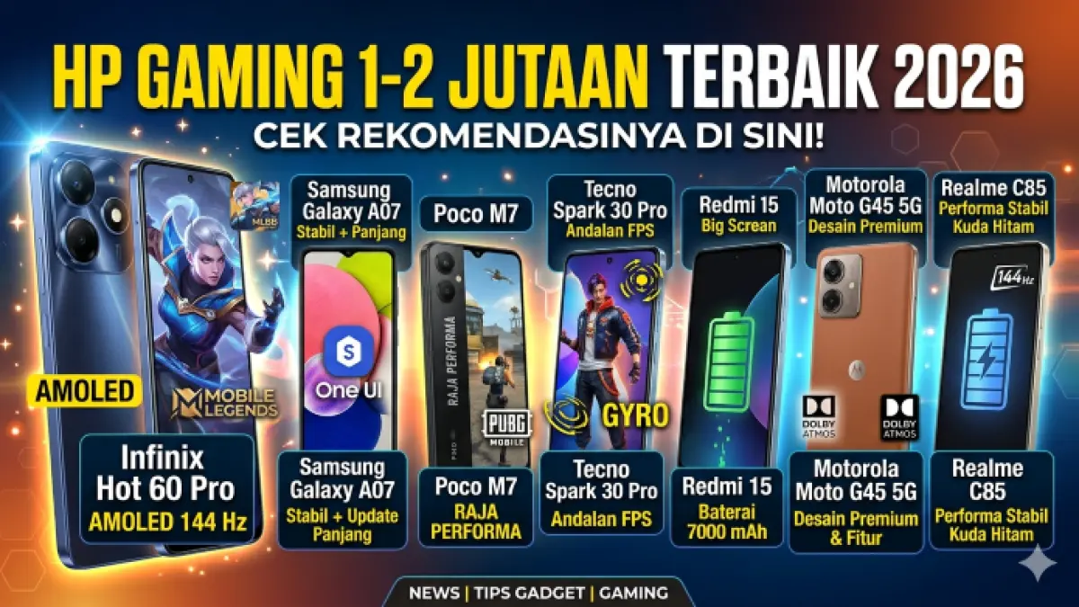 Rekomendasi HP gaming 1-2 jutaan terbaik 2026 dengan spek gahar, layar 144 Hz, dan baterai jumbo. (Ilustrasi: Gemini)