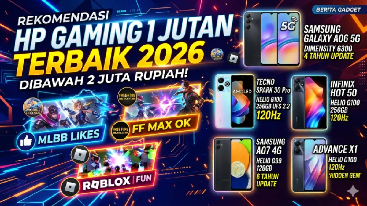 Rekomendasi HP gaming 1 jutaan terbaik 2026, dari Samsung Galaxy A06 5G hingga Infinix Hot 50, cocok untuk game populer. (Ilustrasi: Gemini)