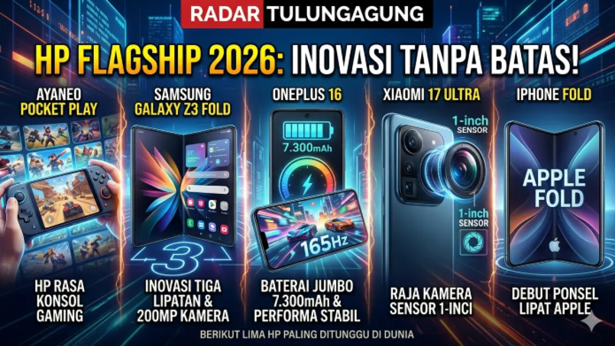 5 HP flagship 2026 paling ditunggu, dari iPhone Fold hingga Galaxy Z3 Fold dengan inovasi baru dan spesifikasi premium. (Ilustrasi: Gemini)