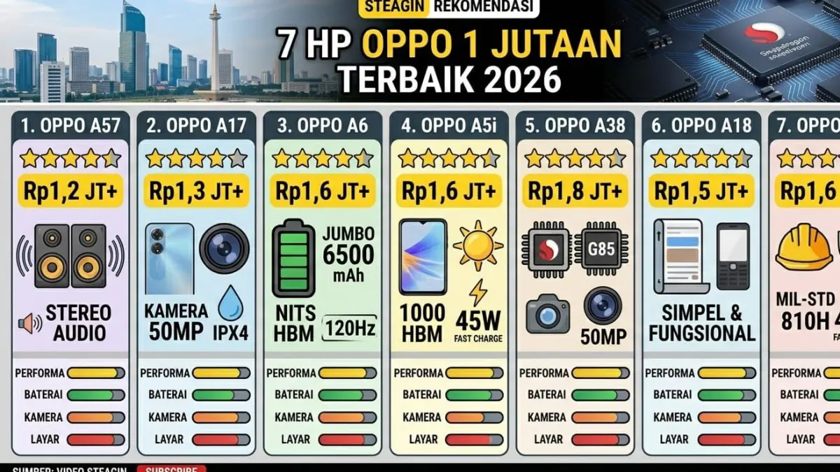 7 HP Oppo 1 jutaan terbaik 2026 dengan baterai besar, kamera bagus, dan performa stabil, harga mulai Rp1,2 jutaan.
