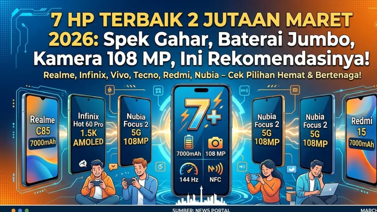 HP terbaik 2 jutaan Maret 2026 hadir dengan baterai jumbo, kamera 108 MP, dan layar 144 Hz. Ini 7 rekomendasi terbaiknya!
