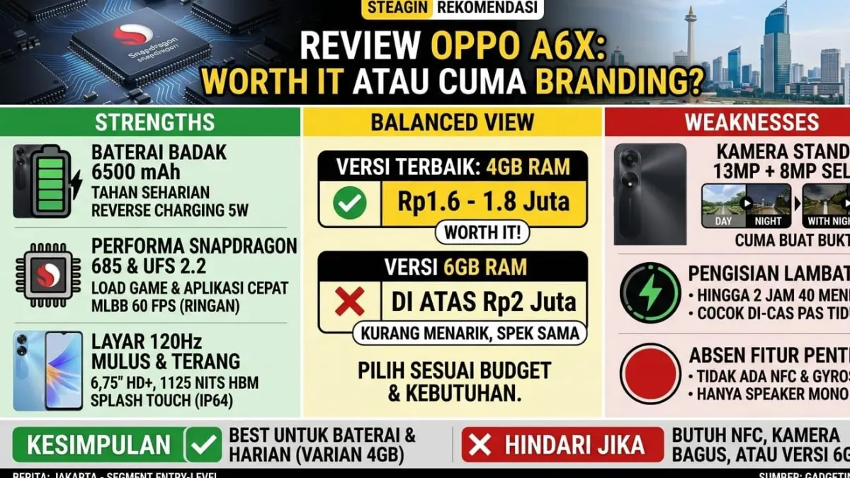 Review Oppo A6X, HP Oppo 1 jutaan terbaik 2026 dengan Snapdragon 685 dan baterai 6500 mAh, worth it atau tidak?