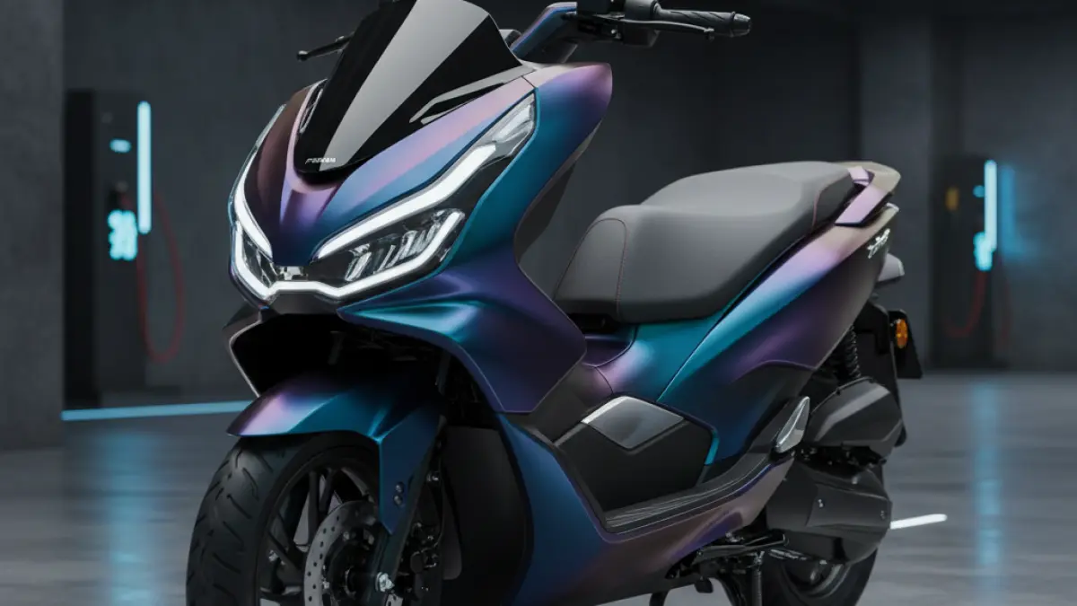 Desain Polytron Fox 350 yang mirip Honda PCX tampil futuristik dengan warna unik dan fitur modern.