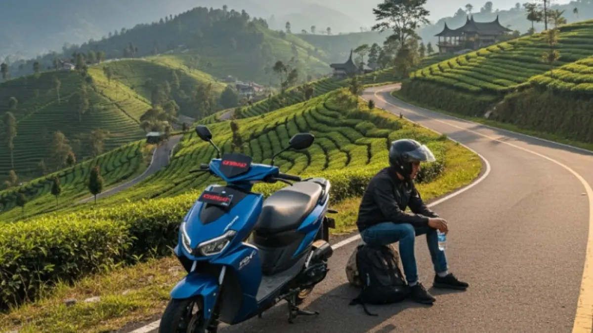 Motor listrik Polytron Fox 350 mengalami overheat saat melintasi tanjakan menuju Puncak Cisarua, memaksa pengendara berhenti untuk mendinginkan mesin.