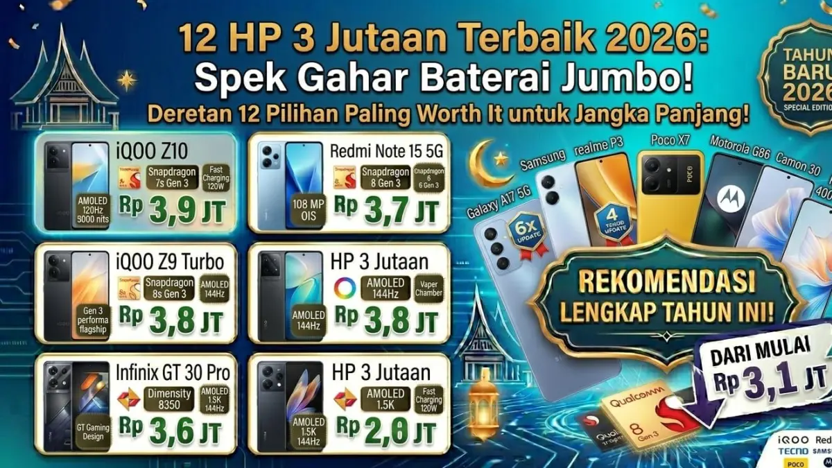 12 HP 3 jutaan terbaik 2026 dengan spek kencang, baterai besar, dan cocok untuk pemakaian jangka panjang.