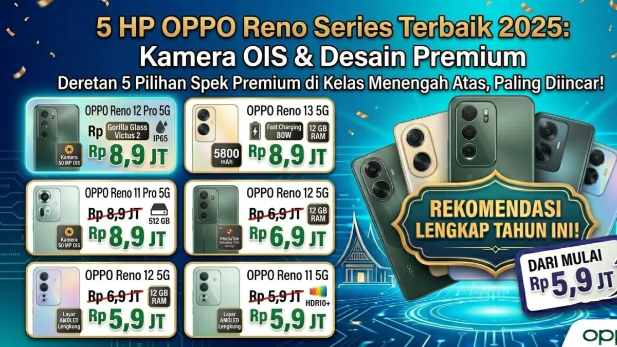 5 HP OPPO Reno series terbaik 2025 hadir dengan kamera OIS, desain premium, dan performa kencang di kelas menengah atas.
