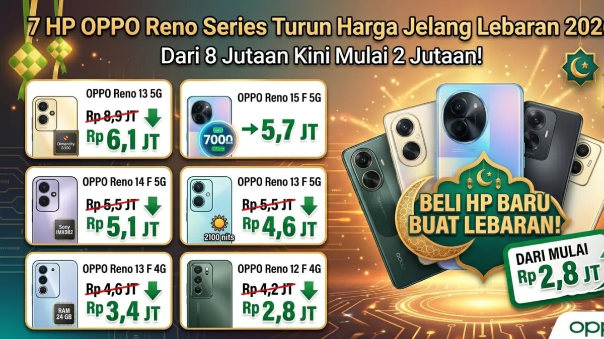 7 HP OPPO Reno series turun harga jelang Lebaran 2026, kini mulai 2 jutaan dengan spesifikasi premium dan kamera unggulan.