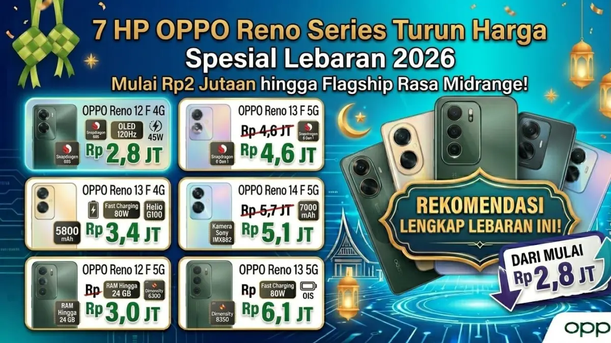 7 HP OPPO Reno series turun harga spesial Lebaran 2026, mulai Rp2 jutaan dengan spek premium dan kamera OIS terbaik.