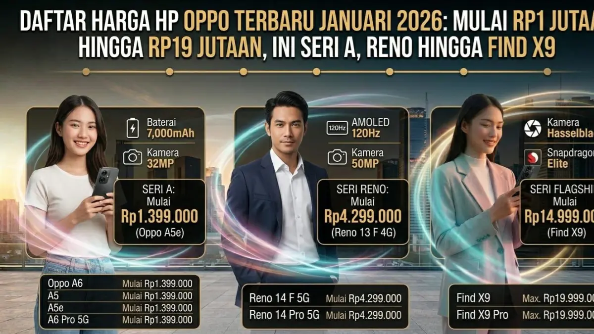 Daftar harga HP Oppo terbaru Januari 2026 mulai Rp1 jutaan hingga Rp19 jutaan. Cek seri A, Reno, dan Find X9 lengkap di sini.
