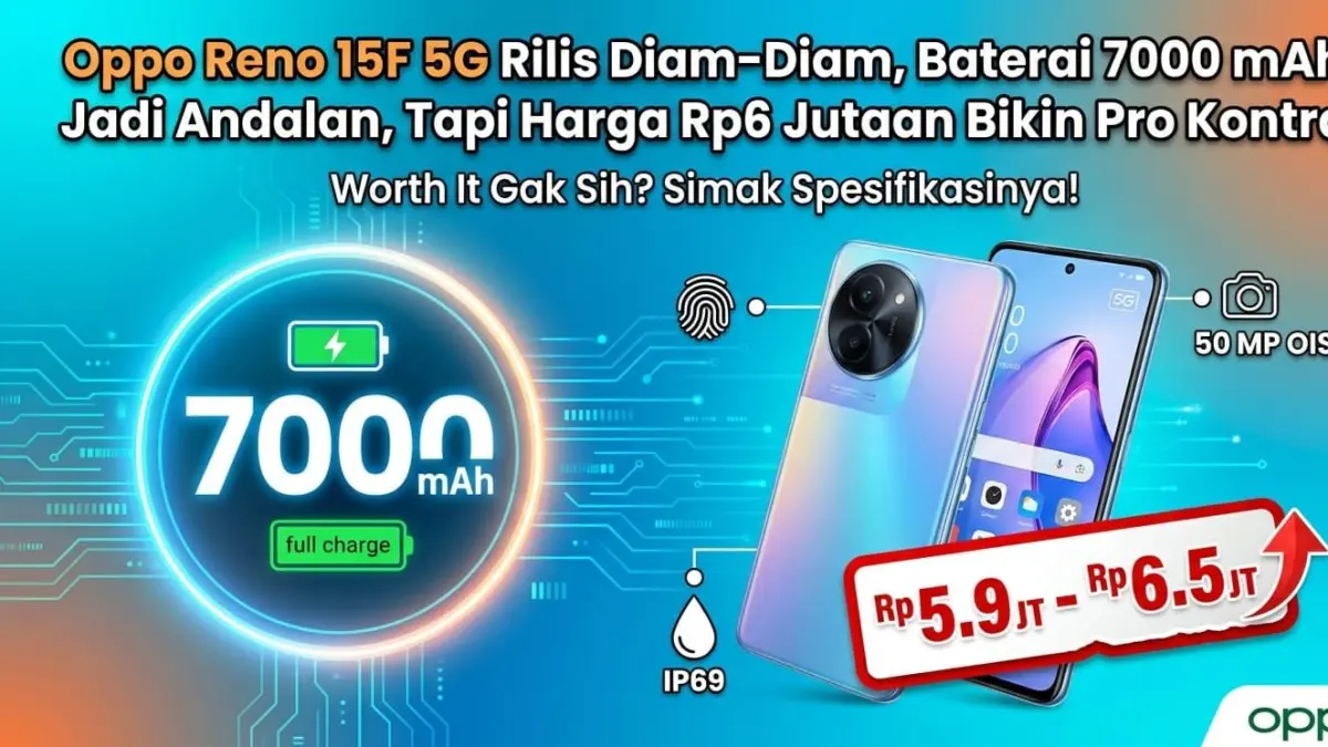 Oppo Reno 15F 5G hadir dengan baterai 7000 mAh dan harga Rp6 jutaan. Apakah worth it? Simak spesifikasi dan ulasan lengkapnya.