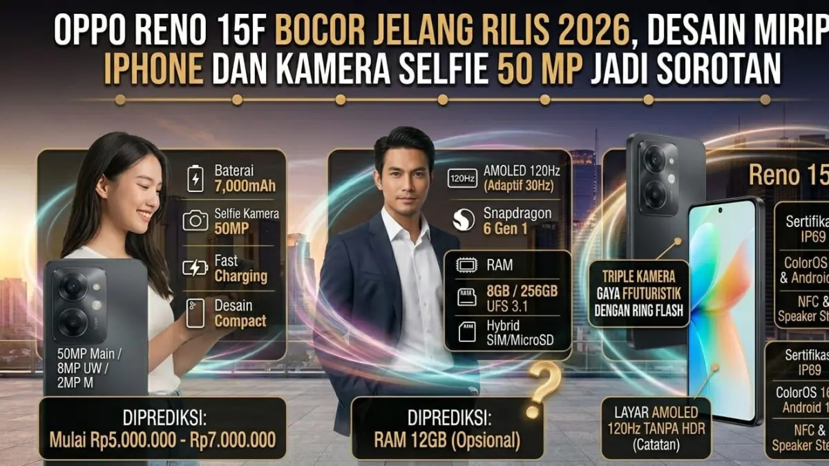 Oppo Reno 15F bocor jelang rilis 2026. Bawa desain premium, kamera selfie 50 MP dan baterai 7000 mAh. Simak detailnya di sini.