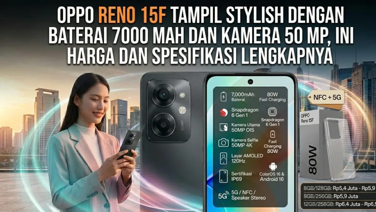 Oppo Reno 15F hadir dengan baterai 7000 mAh, kamera 50 MP dan desain premium. Simak spesifikasi dan harga terbarunya di sini.