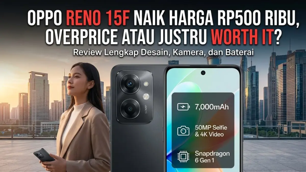 Oppo Reno 15F naik harga Rp500 ribu, overprice atau worth it? Simak review lengkap desain, kamera, performa, dan baterainya.
