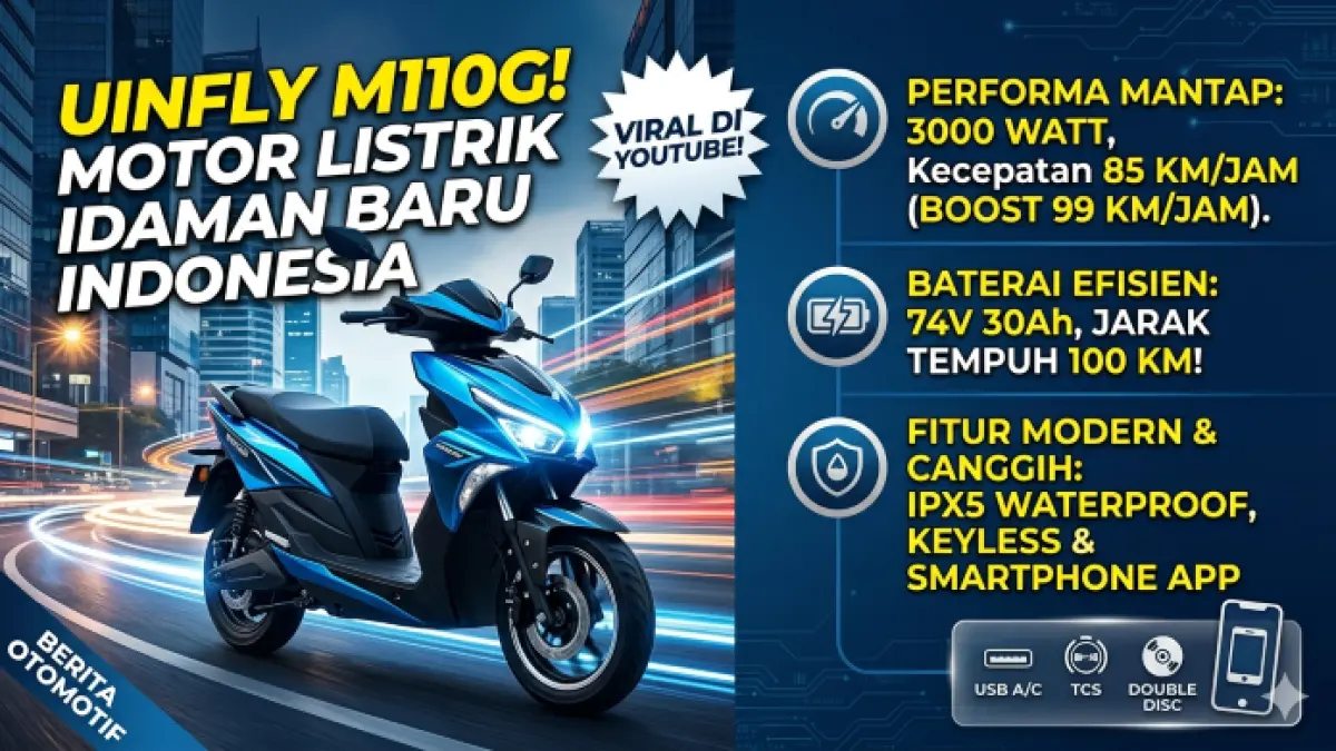 Motor listrik UINFly M110G hadir dengan fitur canggih, top speed 99 km/jam, dan baterai tahan 100 km. (Ilustrasi: Gemini)