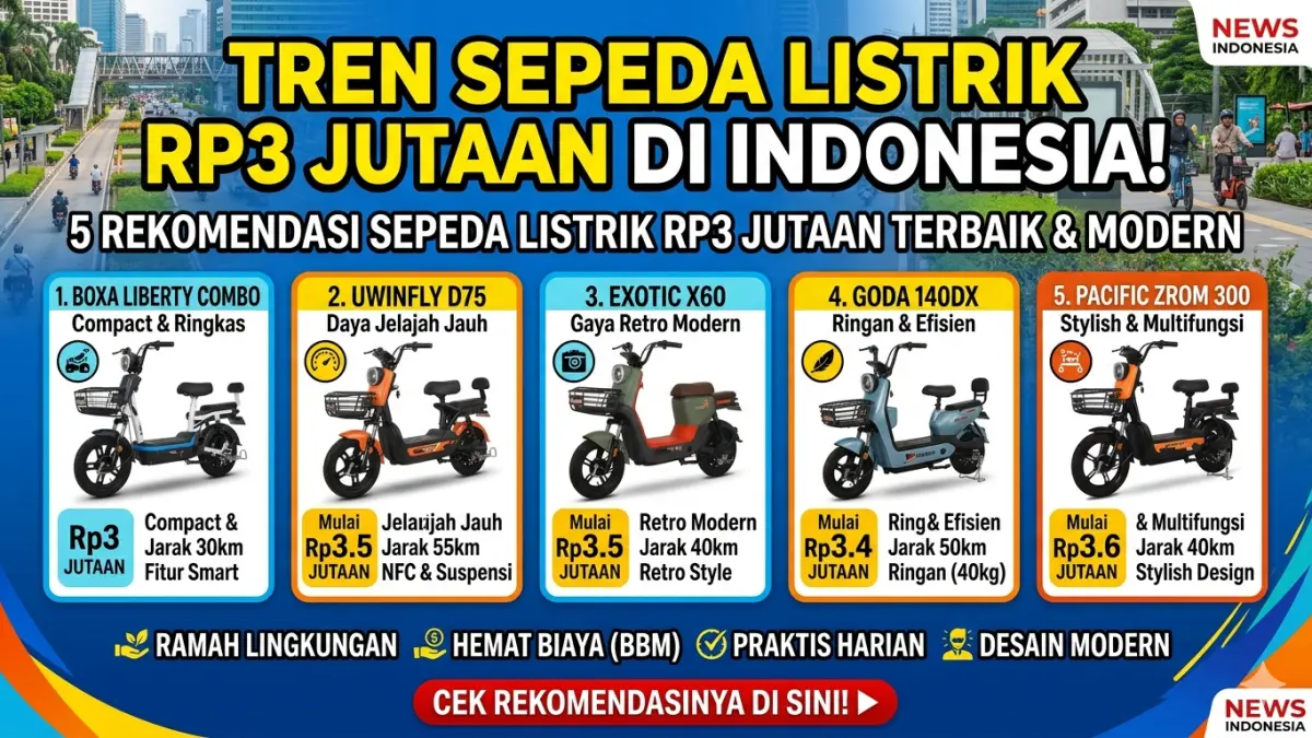Rekomendasi sepeda listrik harga Rp3 jutaan terbaru 2026, murah, hemat, dan fitur lengkap untuk mobilitas harian. (Ilustrasi: Gemini)
