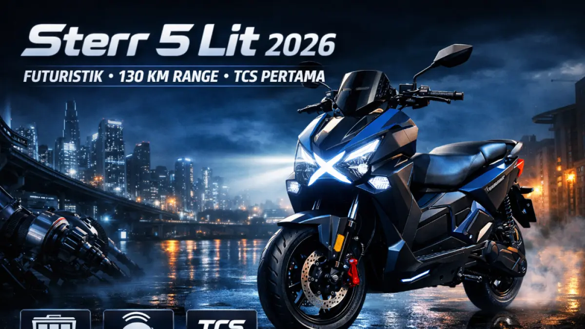 Review sepeda listrik Sterr 5 Lit 2026: desain futuristik, fitur TCS pertama, dan jarak tempuh hingga 130 km.