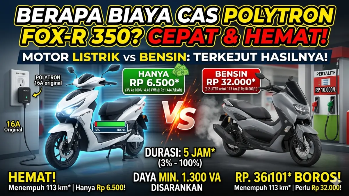 Biaya cas Polytron Fox 350 dari 3% ke 100% cuma Rp6.500 untuk 113 km. Lebih hemat dari bensin? Ini rincian lengkapnya! (Ilustrasi: Gemini)