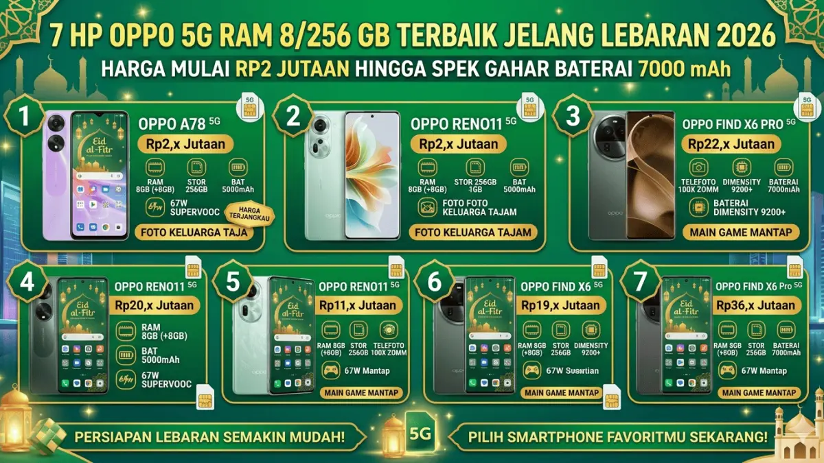 7 HP Oppo 5G RAM 8/256 GB Terbaik Jelang Lebaran 2026, Harga Mulai Rp2 Jutaan hingga Spek Gahar Baterai 7000 mAh