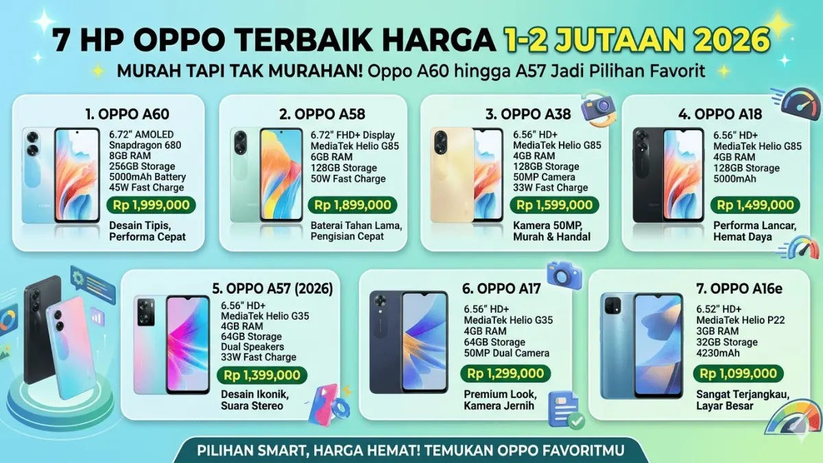 7 HP Oppo Terbaik Harga 1 sampai 2 Jutaan 2026, Murah tapi Tak Murahan! Oppo A60 hingga A57 Jadi Pilihan Favorit