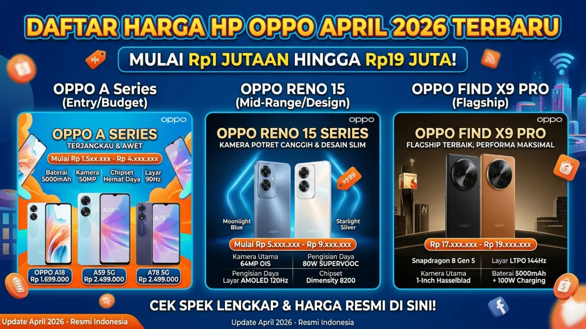 Daftar Harga HP Oppo April 2026 Terbaru, Mulai Rp1 Jutaan hingga Rp19 Juta! Cek Spek Lengkap Oppo A Series, Reno 15 dan Find X9 Pro