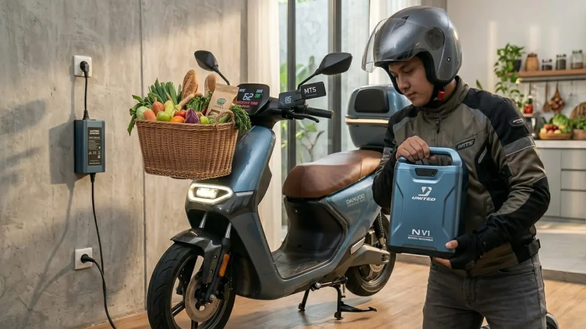 Sepeda listrik United N V1 hadir dengan baterai lepas pasang, charging jadi lebih mudah dan praktis untuk mobilitas harian.