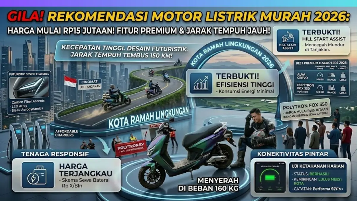 Rekomendasi motor listrik murah 2026, harga mulai Rp15 jutaan dengan fitur canggih, jarak tempuh jauh, dan desain futuristik.
