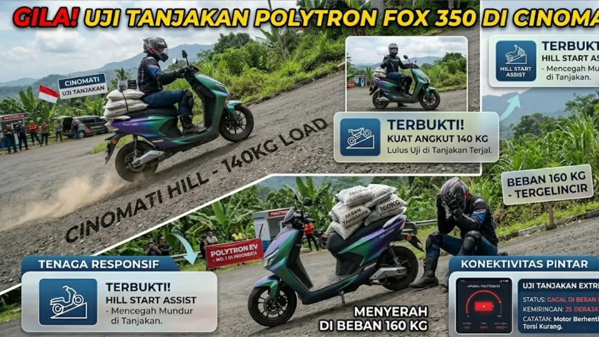 Uji tanjakan Polytron Fox 350 di Cinomati, kuat di 140 kg tapi overheat di 160 kg. Simak performa lengkapnya di sini!