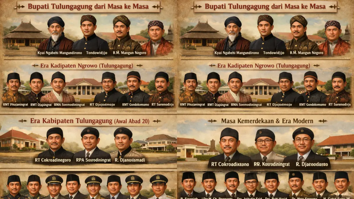 Sejarah Bupati Tulungagung dari era Ngrowo hingga 2025 lengkap dengan daftar nama dan perjalanan kepemimpinan daerah.