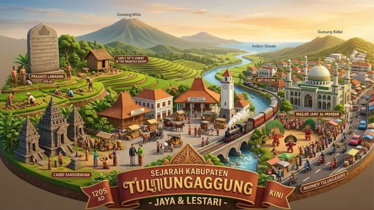 Sejarah Kabupaten Tulungagung dari Ngrowo hingga jadi Kota Marmer, lengkap dengan fakta prasasti Lawadan dan asal-usul nama.