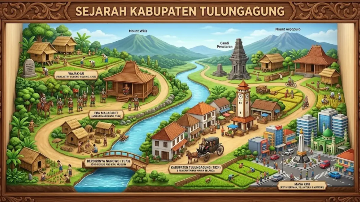 Sejarah Kabupaten Tulungagung dari Prasasti Lawadan 1205 hingga julukan Kota Marmer, lengkap dengan fakta dan asal-usul namanya.