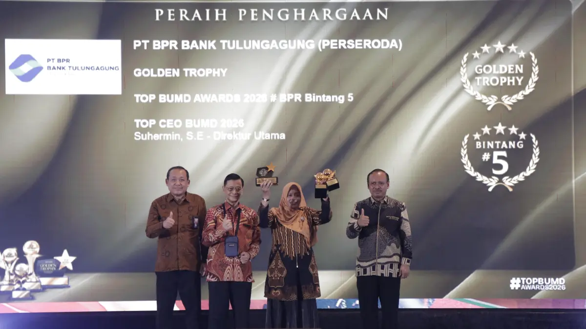 BPR Bank Tulungagung berhasil meraih penghargaan TOP BUMD Awards 2026 BPR Bintang 5 dalam ajang TOP BUMD Awards 2026, Senin (13/4/2026).