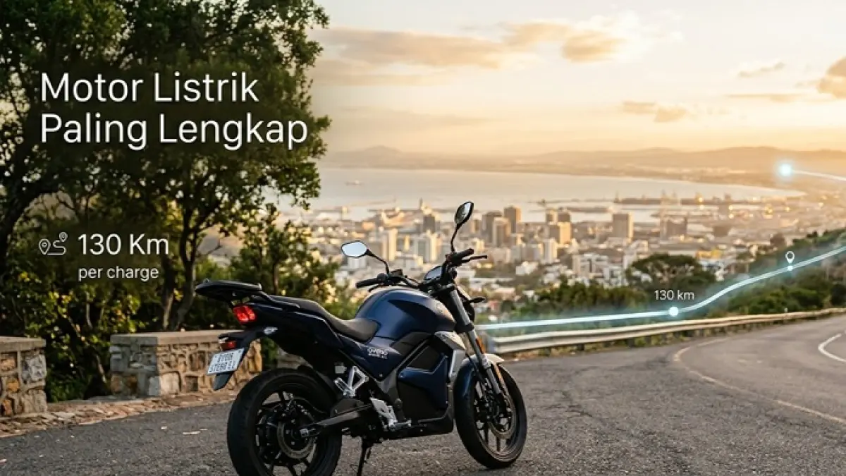 Overo Stero 5 L hadir dengan jarak 130 km, fitur ABS, dan desain futuristik. Sepeda listrik lengkap untuk harian dan touring. Ilustrasi Gemini AI