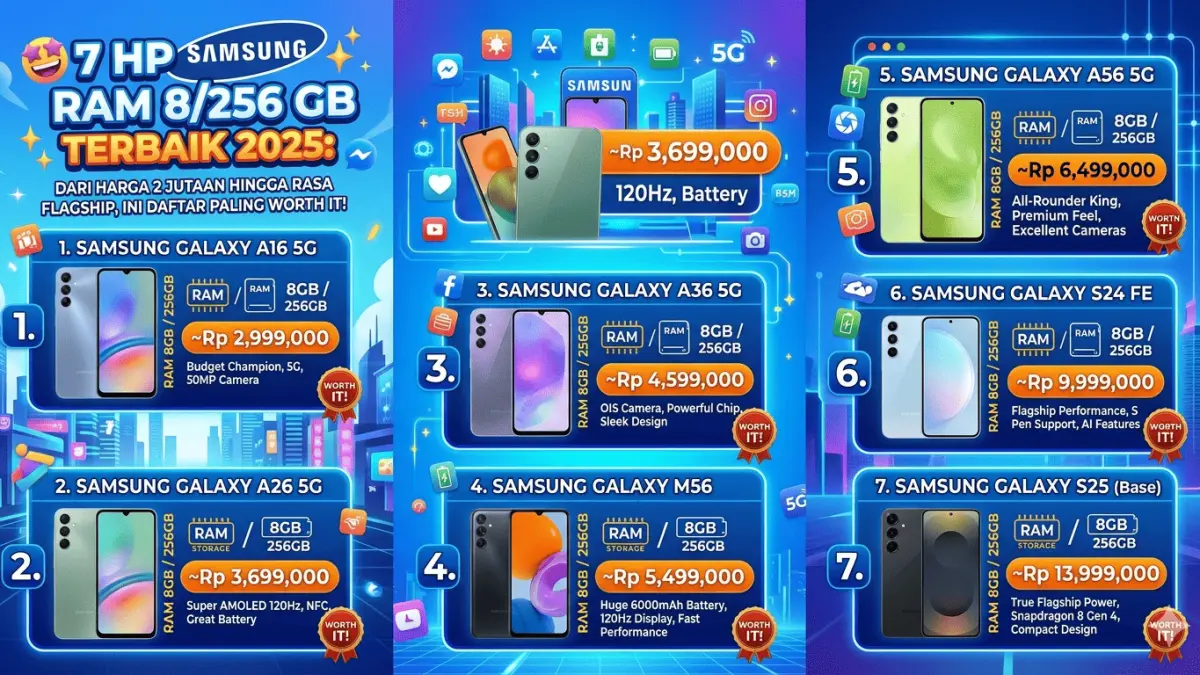 7 HP Samsung RAM 8/256 GB Terbaik 2025: Dari Harga 2 Jutaan hingga Rasa Flagship, Ini Daftar Paling Worth It! (gemini ai)