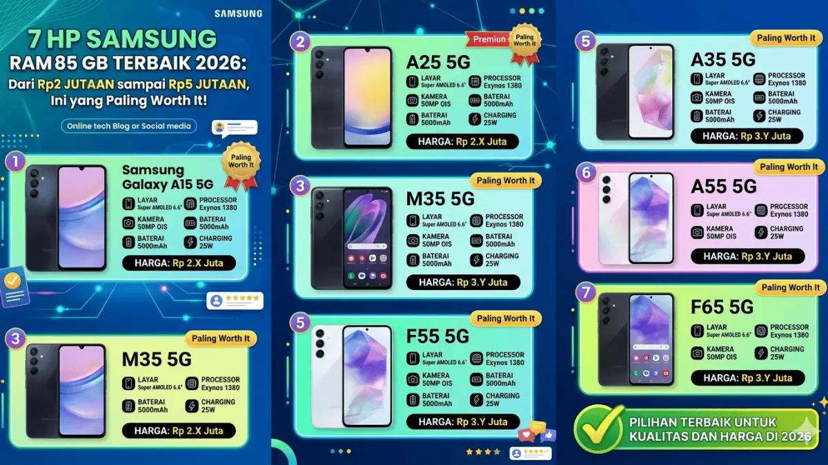 7 HP Samsung RAM 8/256 GB Terbaik 2026 Dari Rp2 Jutaan sampai Rp5 Jutaan, Ini yang Paling Worth It! (gemini ai)