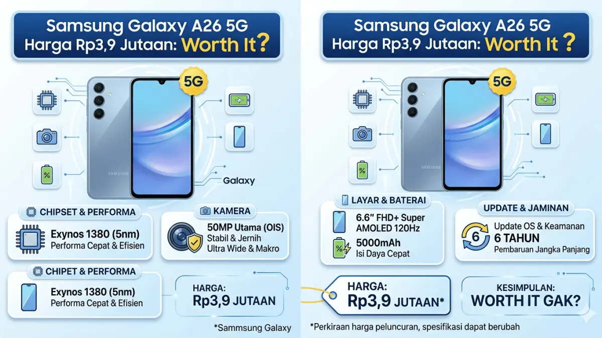 Samsung Galaxy A26 5G Harga Rp3,9 Jutaan: Pakai Exynos 1380 dan Update 6 Tahun, Worth It? (gemini ai)