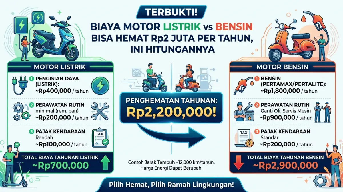 Terbukti! Biaya Motor Listrik vs Bensin Bisa Hemat Rp2 Juta per Tahun, Ini Hitungannya. (ai gemini)